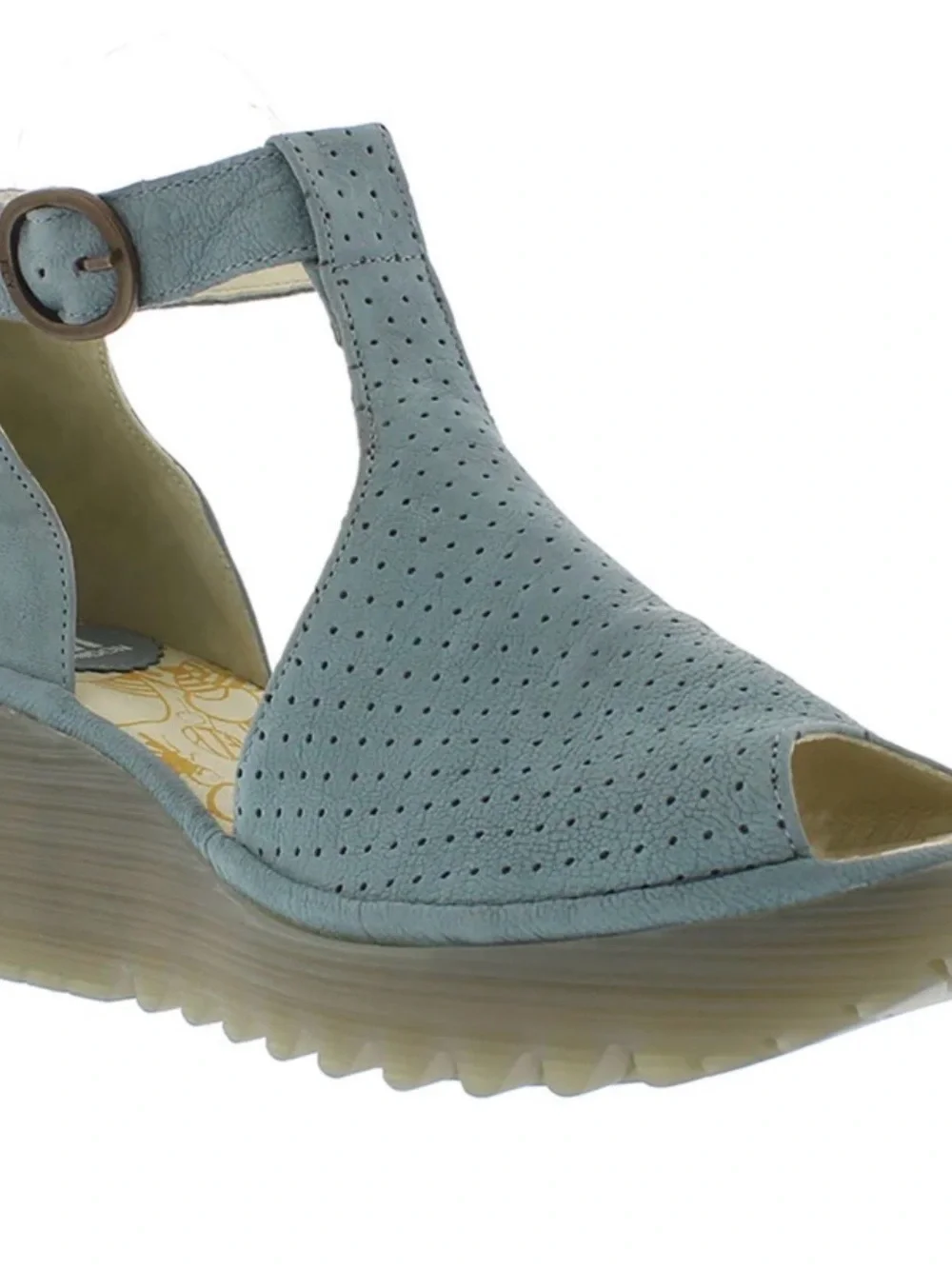 Fly London Yall Cupido Perforated Peep Toe Cut Out Wedge Heel 38 Pale Blue NEW